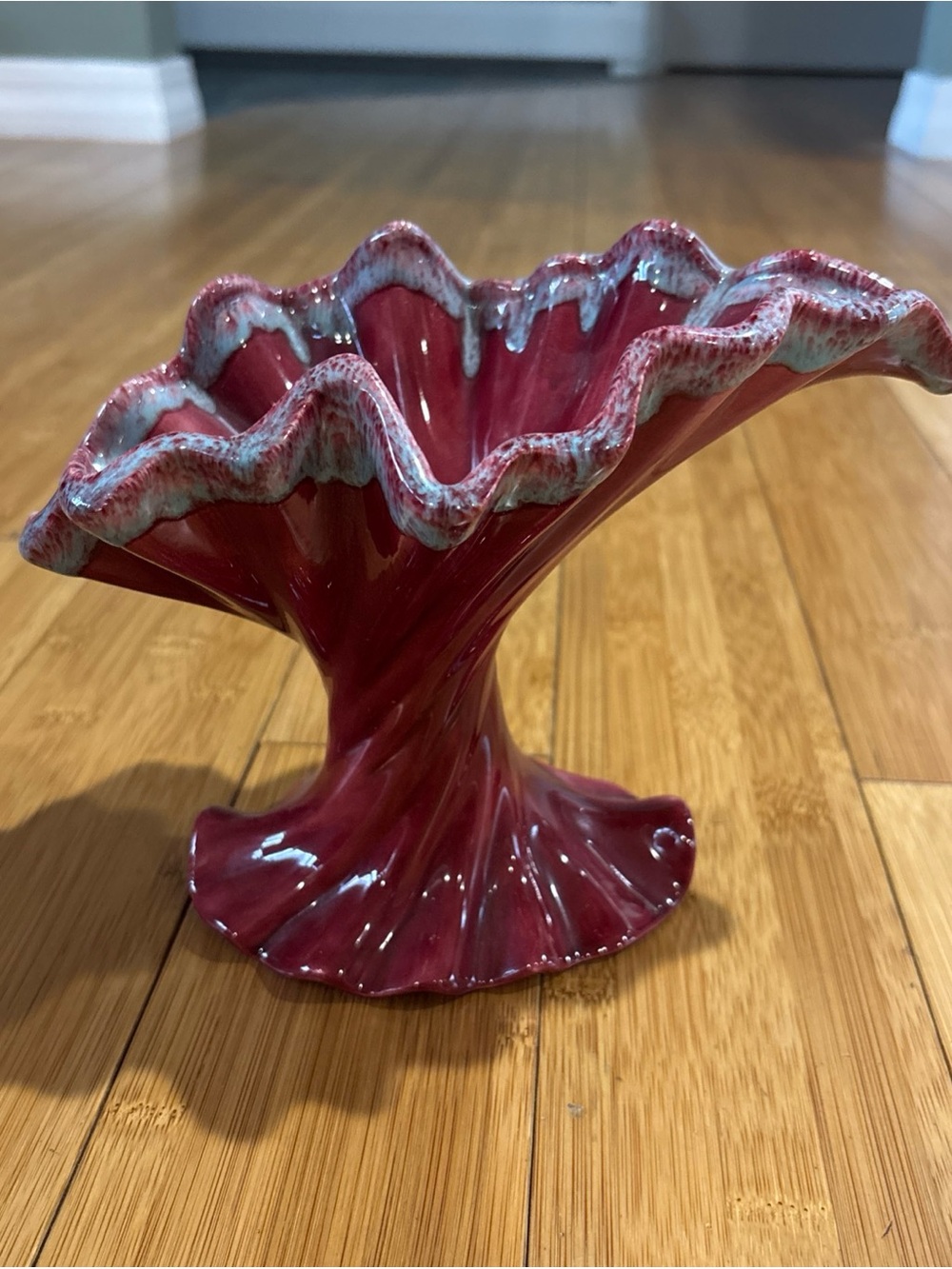 Ruffled Ceramic Vase in Cranberry Red with Teal Trim Glaze